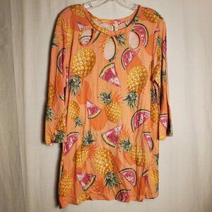 Now N Forever Watermelon/Pineapple Long Slv Cutout Neckline Orange Blouse Sz 2X